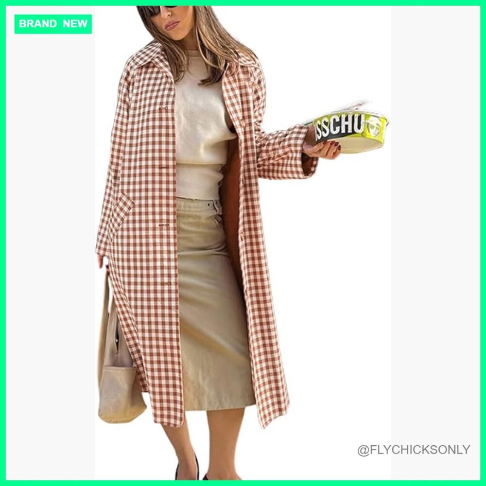 Wool Blend Plaid Trench Coat Long Sleeve Casual Jacket Outerwear
